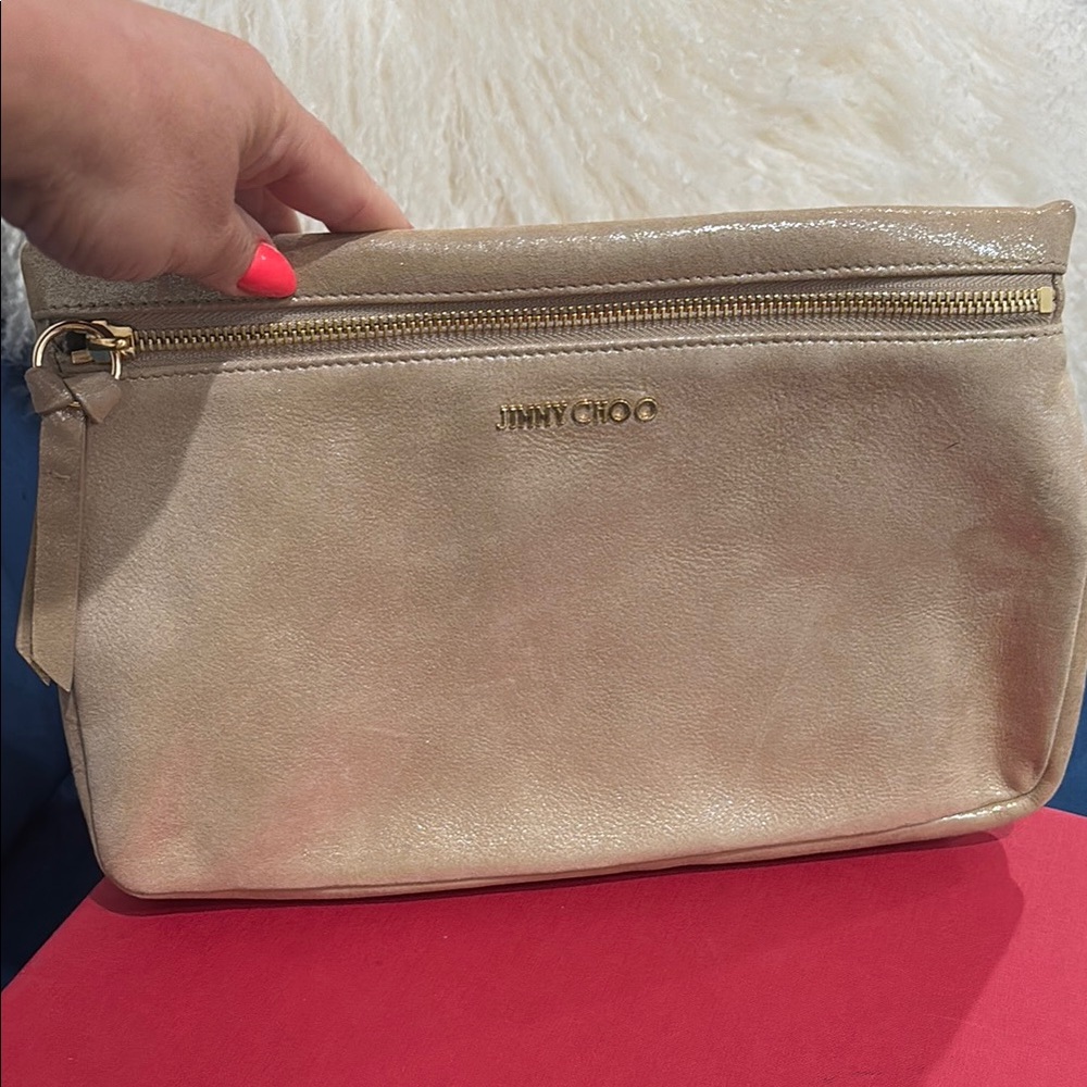 Jimmy Choo Zena Clutch Light Gold Shimmer Leather Size: 11.5" x 7.5"' x 1"